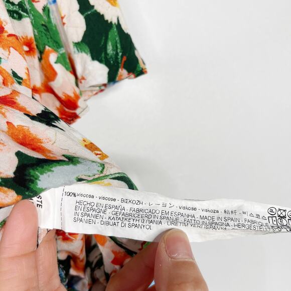 Zara Floral Cropped Wrap Side Tie Top Blouse Small S Green Orange Short Sleeve - Picture 8 of 12